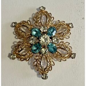 Vintage Scitarelli Gold Tone Flower & Blue Rhinestones Pin Brooch Pendant Conv.
